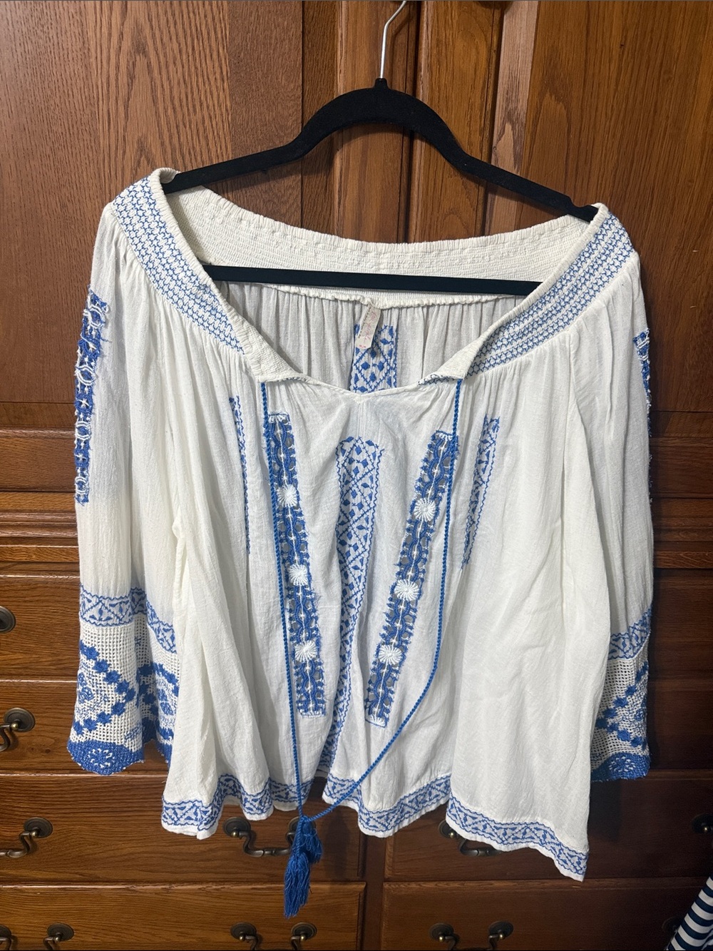 Free People White Peasant Tunic with Blue Embroidery